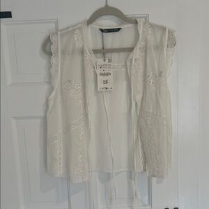 NWT Zara Embroidered Tie Top, White, MD